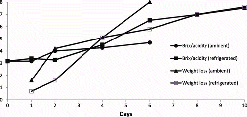 Figure 1. Brix/acidity ratio and weight loss (%) of umbu fruit pulp at ambient and refrigerated conditions. Figura 1. Relación °brix/acidez y perdida de peso de la pulpa de fruta de umbu en condiciones ambiente y refrigeración.