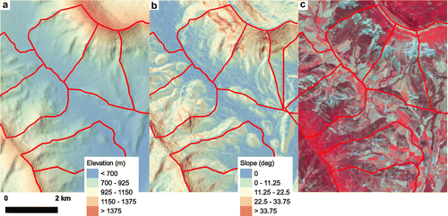 Figure 2. Examples of maps made by students in the preparation of their fieldwork (a) elevation map, (b) slope map and (c) false-colour satellite image.
