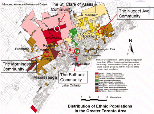 Figure 1. Figure 1. Location of case studies vis-à-vis main ethnicities in the Greater Toronto Area.