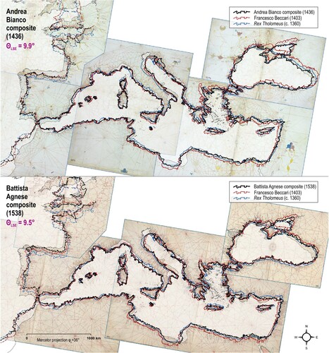Figure 4. The overlay of the composite of Andrea Bianco’s 1436 atlas and its vectorized coastline (the upper part) and the overlay of the composite of Battista Agnese’s 1538 atlas and its vectorized coastline (the lower part) with the vectorized coastlines of some of the earlier-made portolan charts. Chart sources: Biblioteca Nazionale Marciana, Ms. It. Z, 76 ( = 4783); University of Pennsylvania, Rare Book & Manuscript Library, LJS 28. Basemap shapefile source: marineregions.org (Claus et al., Citation2017).