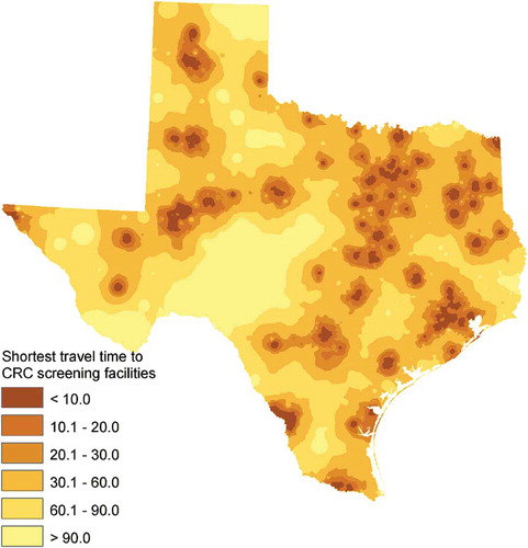 Figure 2. Geographic access to colorectal cancer screening facilities in Texas, 2000. (Note: The map was obtained and modified from Wan et al. (Citation2012b) with removal of health district boundaries for better visual effect in the map. The map is reprinted with permission from Elsevier.)