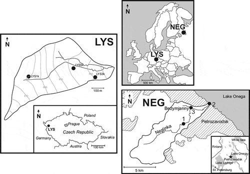 Figure 1. Schematic maps of the Lysina (LYS) and Neglinka (NEG) catchments, with location map of the studied sites in Europe. See insert location of the studied areas in the Czech Republic and in northwest Russia. For the LYS catchment, the location of the soil pits is shown. For the NEG catchment, the boundary of the catchment and the urban and settlement areas (diagonal pattern) is shown. NEG sampling sites: 1 – the upstream site; 2 – the downstream site; 3 – the Bezymjanny site (see text for details); the black star in the inset indicates the location of the studied area in northwest Russia