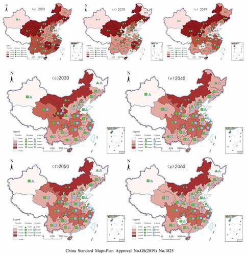 Figure 5. Hierarchy of carbon neutral spatial network centers in China’s tourism industry, 2001–2060.