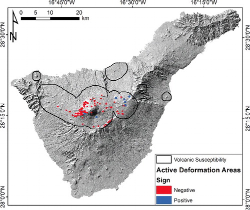 Figure 5. Volcanic susceptibility areas with deformation map for the Tenerife island.