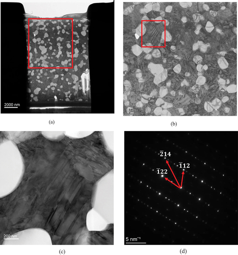 Figure 6. (a) Thin section taken from the surface region of Ce-TZP/Al2O3 specimen after hydrothermal treatment for 360 h. (b) TEM micrograph in the surface region as indicated with a square in (a). (c) TEM micrograph at higher magnification of the ZrO2 grain indicated with a square in (b). (d) Diffraction pattern of the ZrO2 grain shown in (c).