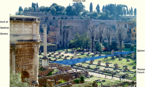 Figure 2. View of the north-western portion of the Palatino hill, taken from the eastern portion of the Capitolium: in the middle, the Roman Forum; on the right side, some building founded on the bottom of the ancient Spinon river valley (whose stream direction is marked by the arrow), covered by several-metre thick anthropogenic deposits partially filling the fluvial valley.