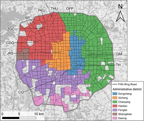 Figure 1. The study area in Beijing and the segregation of traffic analysis zones. Abbreviations of places: CDG – Chedaogou, CQ – Caoqiao, GM – Guomao, JRS – Jinrong Street, OFP – Olympic Forest Park, PKU – Peking University, SP – the Summer Palace, TH – Temple of Heaven, THU – Tsinghua University, ZGC – Zhongguancun.