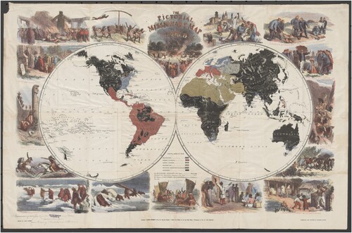 Fig. 1. John Gilbert, The Pictorial Missionary Map of the World (London: James Nisbet & Co., Citation1861), engraved and printed by Edmund Evans, 73.8 x 48 cm. Courtesy of the National Library of Australia, MAP RM 3764, https://nla.gov.au/nla.obj-232361632/view.
