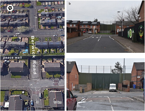 Figure 5 (A) Aerial image showing the division of the tertiary street, Berwick Road, by a peace wall. (B) Photo highlighting the impact of the barrier, on the Catholic side of the peace wall with evidence of painted murals. (C) Photo highlighting the impact of the barrier, on the Protestant side of the peace wall.