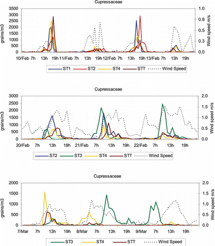 Figure 6. Hourly Cupressaceae pollen concentrations and wind speeds in the periods with maximum pollen concentrations.