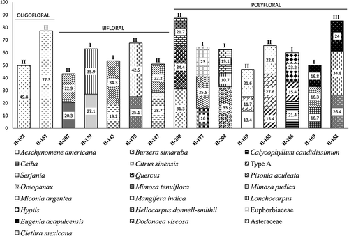 Figure 3. Honey samples characterised as oligofloral, bifloral and polyfloral samples from Oaxaca, Mexico. Numbers in the bars correspond to percentages. The classes according to pollen concentrations were included with Roman numerals: classes I, II, III, IV and V.