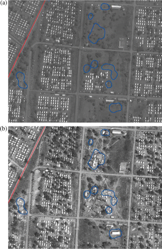 Figure 9.  Menik Farm – Zone 2. Example of the structures’ appearance detected correctly: pre-image (left) and post-image (right). WorldView-1 imagery © Digitalglobe 2009 and GeoEye-1 imagery © GeoEye 2010, both distributed by e-GEOS.