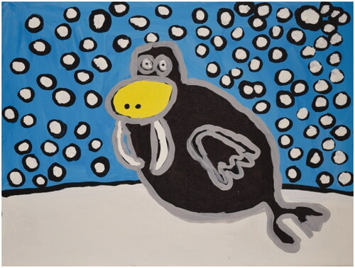 Caption: Artwork 5: Walrus on Ice.Image description: Painting of a black walrus with a yellow bill with two long white tusks sitting on ice. There is a blue sky with white dots encased in a black sphere floating around the walrus.