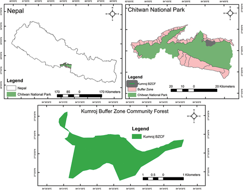 Map of the study area showing Kumroj Buffer Zone Community Forest in the bufferzone of the Chitwan National Park, Nepal.