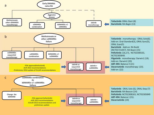 Figure 2. Simplified scheme of the three main scenarios of therapeutic intervention in RA: early cDMARDs naïve RA (a), methotrexate (or other cDMARDs) monotherapy therapeutic failure (b), cDMARDs combination or bDMARDs±cDMARDs therapeutic failure (c). The current or potential place of tofacitnib, and of newer jakinibs, based either on the FDA approval or on the recommendation of the scientific societies (yellow boxes) is shown. The clinical trials that support the positioning of the different jakinibs at the three different steps of therapeutic intervention are reported in blue boxes, with the corresponding reference in the text or clinical trial number. A) At present tofacitinib is not indicated in DMARDs naïve arthritis (dotted line). Several scientific societies recommend early intervention with a combination of cDMARDs or with bDMARDs in early, severe arthritis. The Oral-Start and the RA-Begin trials showed that tofacitinib and baricitinib monotherapies, respectively, were superior to methotrexate in controlling clinical activity in the setting of DMARDs naïve RA. This may support early therapeutic intervention with jakinibs in the future. B) The FDA approved tofacitinib in methotrexate insufficient responders both as sequential monotherapy and as add-on therapy to methotrexate or other cDMARDs. The 2015 ACR recommendations and the preliminary 2016 update of EULAR recommendations allow the use of tofacitinib in this setting, but with a suggestion to prioritize other approaches if possible. The Oral-Standard study showed that, in methotrexate insufficient responders, add-on therapy with tofacitinib was superior to placebo and numerically similar to adalimumab in efficacy. Both phase 2 and 3 studies support the use of other jakinibs as add-on or sequential monotherapy in this setting (blue box). C) In insufficient responders to cDMARDs combination, or to bDMARDs+/- cDMARDs, the use of tofacitinib is approved by the FDA and recommended both by the ACR and the EULAR [Citation25]. The clinical trials that support the use of the different jakinibs in this setting are reported in the blue box. ACR: American College of Rheumatology; bDMARDs biological disease-modifying drugs; cDMARDs: conventional disease-modifying drugs; EULAR European League Against Rheumatism; FDA: Food and Drug Administration.