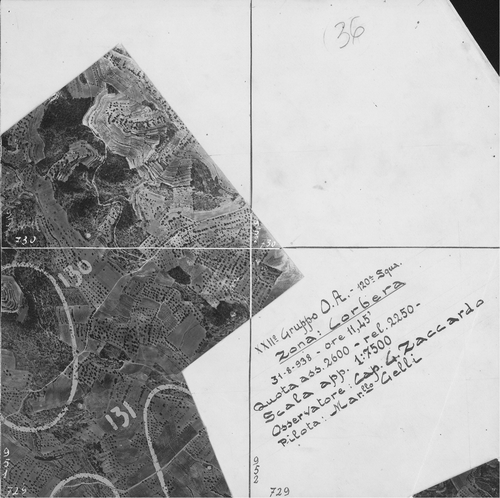 Fig. 4. The Corpo Truppe Volontarie made intensive use of aerial photography in the planning of air raids. Detail of a photographic mosaic of Corbera d'Ebre, Catalonia, at the approximate scale of 1:7 500, compiled from photographs taken at 11.45 AM on 31 August 1938 and marked up in red crayon (highlighted). The village was completely destroyed by a German air raid the following day and has been kept in its ruined state as a war memorial. 76 × 105 cm. (Reproduced with permission from the Institut Cartogràfic de Catalunya. Cartoteca, Fons Monés, RM.209.583.)