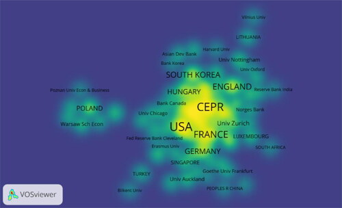 Figure 7. The density view of the research power network generated by CiteSpace.Some of the items in CiteSpace’s original research power network are not connected to each other. The density view of the research power network is the largest set of connected items consists of 96 items using VOSviewer. It marks with different colours according to the centrality of each node. The colour scheme ranges from yellow to blue–green in the vicinity of each node representing the continuous attenuation of node centrality.Items: 96; clusters: 16; links: 193; weights: links. Source: The Authors.