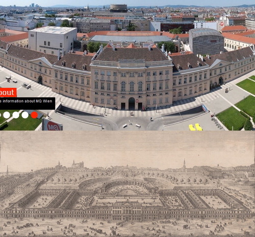 Figure 3. MuseumsQuartier website scroller (2001) [top, © MuseumsQuartier Wien, photo: Peter Korrak] and Fischer von Erlach’s design for the Imperial Stables (1721) [bottom, OeNB, BA Z85025400]. Collage by author.