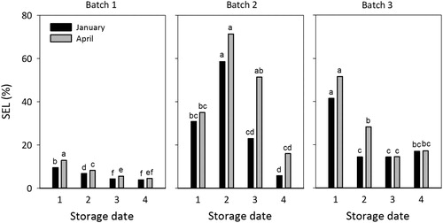 Figure 4. Post-storage shoot electrolyte leakage (SEL %) for all three batches for each date of storage (1 = 16 September, 2 = 6 October, 3 = 27 October, 4 = 17 November), measured after uptake in January (black bars) and April (gray bars). Total number of seedlings in each batch = 20, n = 4 (each replicate contains 5 seedlings). Data were analyzed separately within each batch and for all four storage occasions and the two dates for uptake, and different letters above bars indicate significant differences among treatments at p ≤ 0.05 according to Tukey’s test.