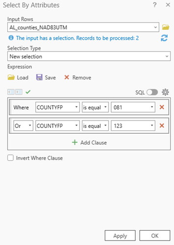 Figure 12. The select by attributes dialog box with the county layer as the input and the SQL builder and resulting equation shown. In this example, the equation will select all records in the table with the county number (countyfp) of 081 or 123.