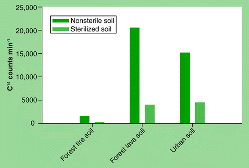 Figure 4.  Averages (two replicates) of the counts per minute of 14C observed for non-sterile and sterile soils on the rate of degradation, originating from a 14C labeled char residue.Dry heat sterilization (200°C for 72 h) was used.Data from Citation[74].