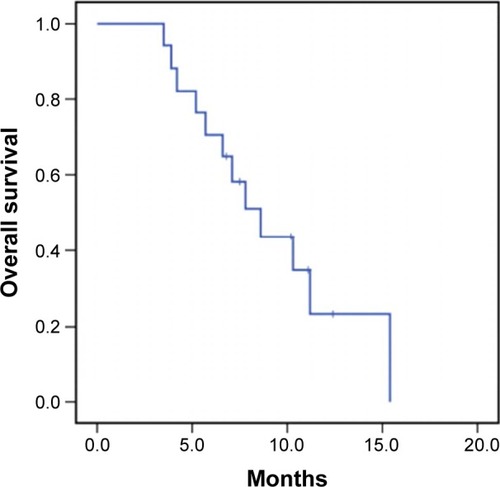Figure 2 Overall survival of 17 recurrent primary central nervous system lymphoma patients treated with pemetrexed.