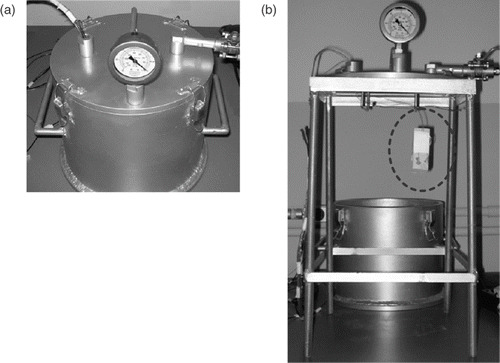 Figure 6. The vacuum chamber (a) with sample/heater assembly in detail (b).