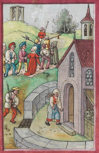 Fig. 4. Depiction of a wooden lean-to charnel store against the west wall of a church in Switzerland, from the Luzernerchronik of 1513 written by Diebold Schilling the Younger (fol. 666v), https://www.e-codices.unifr.ch/en/kol/S0023-2/666Korporation Luzern, CC BY NC