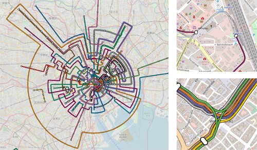 Figure 24. Left: Topology violations and large detours in the orthoradial map of the Toyko subway network. Top right: Inconsistent tagging lead to a missing segment in the Zurich tram network. Bottom right: Incorrectly reconstructed line turn restrictions in the Stuttgart light rail network.