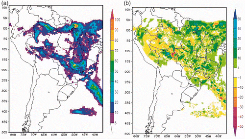 Figure 5. (a) Total precipitation estimated by 24 h of simulation on 21 February 2004 (mm) and (b) difference for total precipitation by ENS approach and the weighted ensemble estimation.