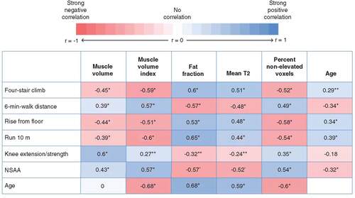 Figure 3. Correlations coefficients between key imaging and functional measurements.*p < 0.001; **0.001 ≤ p < 0.05.MVI: Muscle volume index; NSAA: North Star Ambulatory Assessment.