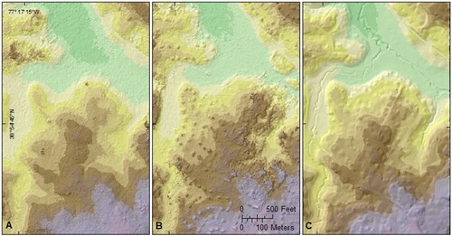 Figure 6. Comparison of (A) 1950 DTM, (B) 1973 DSM and (C) 2012 USGS LiDAR DEM in the study area.