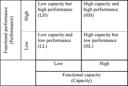 Figure 1 Classification of patients into four groups according to their levels of functional capacity and functional performance: a high capacity and high performance (HH) group, a high capacity but low performance (HL) group, a low capacity but high performance (LH) group, and a low capacity and low performance (LL) group.