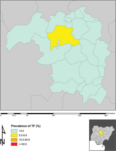 Figure 2. Prevalence of trachomatous inflammation – follicular (TF) in 1–9-year-old children by local government area in Kaduna State, Nigeria, Global Trachoma Mapping Project, 2013.