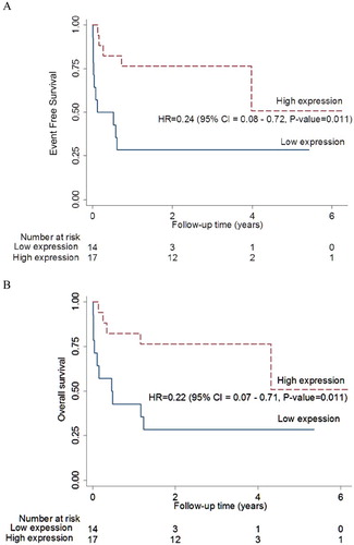 Figure 3. EFS of the extra-nodal DLBCL. (A) High ERβ expression was associated with longer EFS in extra-nodal DLBCL. (B) High ERβ expression was associated with longer OS in extra-nodal DLBCL.