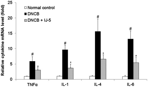 Figure 5. The effect of IJ-5 on DNCB-induced expression of cytokines in back skins. The skin specimens were harvested at 48 h after fifth DNCB challenge and the mRNA levels of indicated cytokines were assessed by qRT-PCR. Data are presented as means ± SD (n = 4). #p < 0.05 versus the normal control group; *p < 0.05 versus the DNCB group.