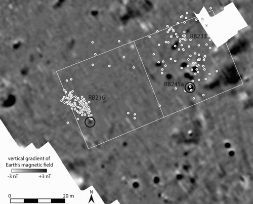 Figure 8. Monte San Nicola. Surface distribution of impasto fragments in two 30 × 30 m areas, with part of the magnetic gradiometry data produced by Eastern Atlas. Dense pottery scatter RB216, diffuse scatter RB233, and magnetic anomaly RB245a are labeled. Black circles indicate magnetic anomalies mentioned in the text.