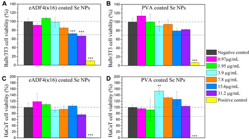 Figure 2 Effects of Se NPs on the viability of mammalian cells in culture. Balb/3T3 mouse embryo fibroblasts incubated with (A) eADF4(κ16)-coated Se NPs, and (B) PVA coated Se NPs; HaCaT human skin keratinocytes incubated with (C) eADF4(κ16)-coated Se NPs, and (D) PVA coated Se NPs for 24 h, at 37 °C. One-way ANOVA with Tukey’s post hoc test was used to compare means of experimental groups to that of the negative control group, **p-value < 0.01, ***p-value < 0.001. The dashed horizontal line represents 100% viability, and the solid line represents 70% viability.