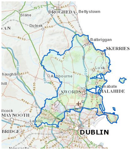 Figure 1. North County Dublin is outlined in blue. It is bounded by the Irish Sea to the east, counties Meath and Kildare to the west and the river Liffey and the inner suburbs of Dublin City to the south.