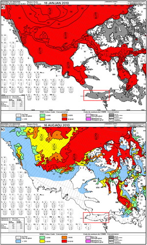Figure 2. Example of a CIS weekly ice chart of Canadian Western Arctic. Full ice coverage (10 tenths) is shown in (a) (October 18, 2010) and ice free (0 tenths) is shown in (b) (August 16, 2010). Red rectangles highlight the Coronation Gulf marine region.