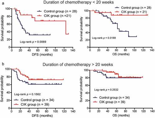 Figure 4. Subgroup analysis to estimate the survival benefits from sequential CIK cell immunotherapy according to the duration of chemotherapy. (a) Sequential CIK cell immunotherapy significantly prolonged the disease-free survival (DFS) and overall survival (OS) of patients receiving less than 20 weeks of chemotherapy. (b) Sequential CIK cell immunotherapy slightly prolonged the DFS and OS of patients receiving more than 20 weeks of chemotherapy