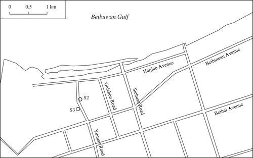 Figure 3. Location of the observation wells on the northwestern coast of Beihai in Guangxi, China.