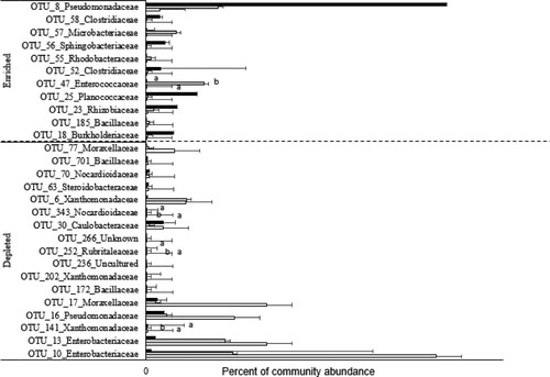 Figure 5. Enriched and depleted OTUs of barley rhizosphere with SAP addition. Values are given as the mean of three independent replicates, and bearing different letters (a,b) are significantly different from each other according to the least significant difference (LSD) test (p < .05). Filled black bars, normal wattering conditions; open bars, drought condition; filled grey bars, deficit with SAP addition.