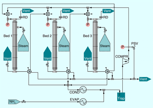 Figure 1.  Laboratory-scale packed bed Ammonia Fiber Expansion system, with locations of compressor, ammonia evaporator, condenser, pressure gauges, pressure safety valve and rupture disks indicated.COMPR: Compressor; COND: Condenser; EVAP: Ammonia evaporator; P: Pressure gauges; PSV: Pressure safety valve; RD: Rupture disks.