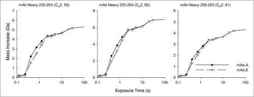 Figure 7. Calculated intrinsic deuterium exchange rates of 3 peptide segments of mAb-A and mAb-E at pD 6.0 at 25°C. The segment identity and domain location are shown on top of each graph.