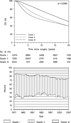 Figure 8.  Overall survival (OS) according to malignancy grade (upper panel), and the distribution among malignancy grade I, II and III ductal carcinomas according to time (lower panel). Enrolled patients < 70 years.