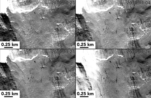 Figure 15. Water track and wetland soil within the Goldman Glacier Basin site. WorldView images show darkening in the right side of the image early in the season (by 4 November), followed by growth of glacier runoff on the left side of the image later in the month. Water track darkening persists and grows, even as glacier melt and runoff shuts down on 26 November 2010 as snow blankets the glaciated region of the image. Images © 2010 Maxar.