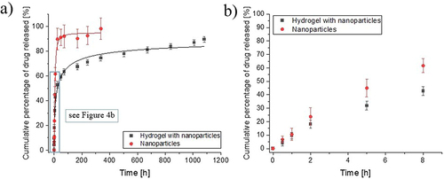 Figure 4 (a) The percentage of cumulative drug released for chit-nanoparticles loaded with VAN-FITC and hydrogel-based systems with nanoparticles embedded, respectively, (b) release profile during the 8-hours experiment.
