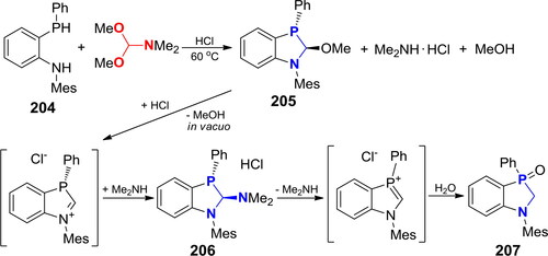 Scheme 123. Cyclocondensation of N-mesityl-2-(phenylphosphino)aniline with DMF-DMA.[Citation403]