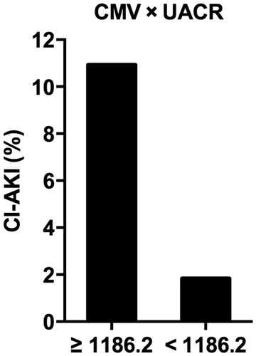 Figure 2. The CI-AKI incidence and CMV × UACR. p < .001. Abbreviations: CMV, volume of contrast media; UACR, urine albumin/creatinine ratio; CMV × UACR, the product of CMV and UACR.
